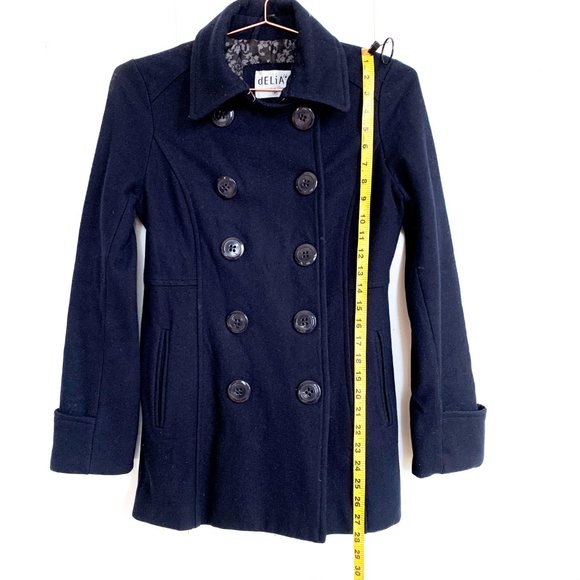 delias navy blue wool pea coat w/high neck buttons - Picture 5 of 7